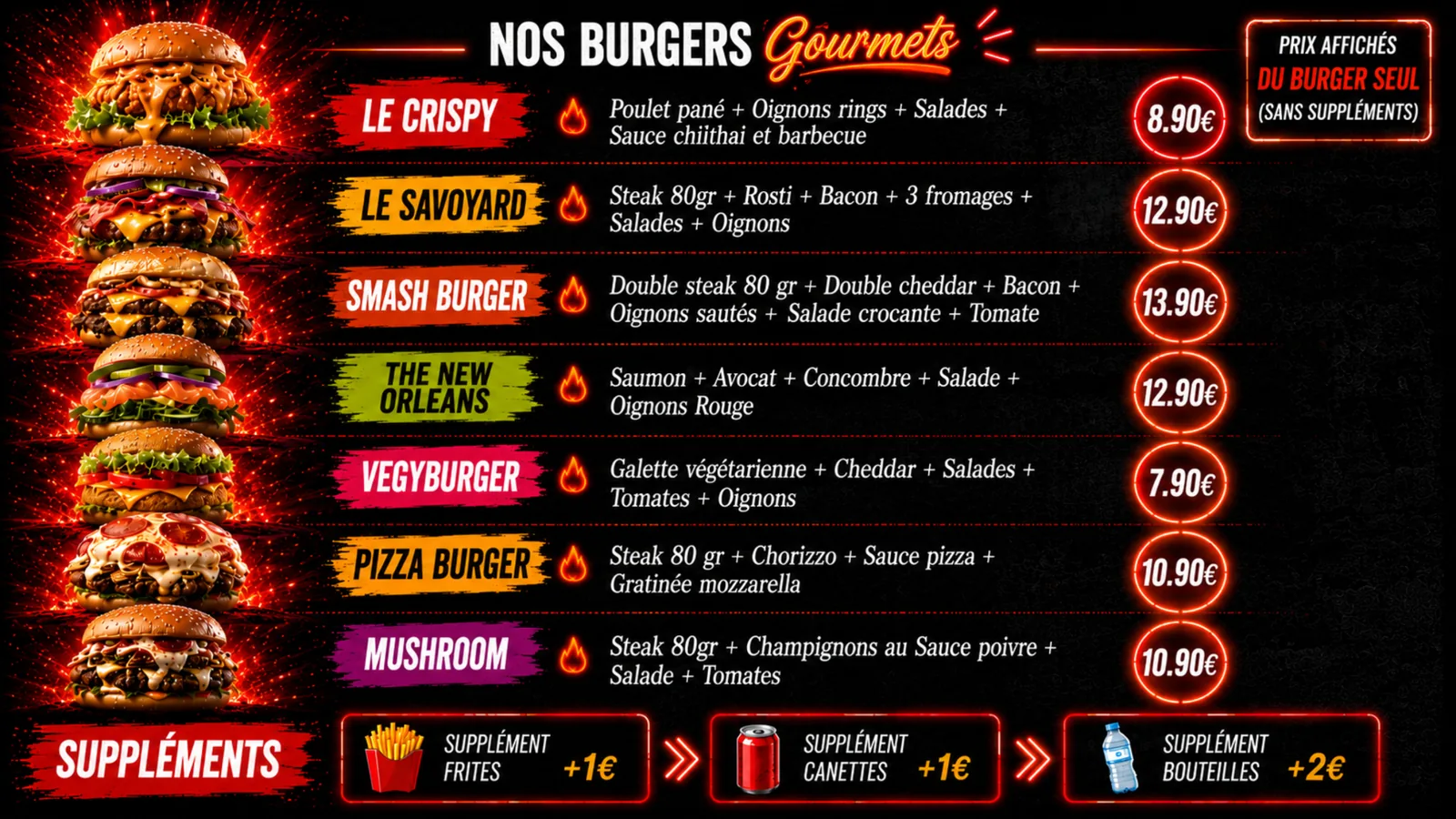 Menu burgers gourmets