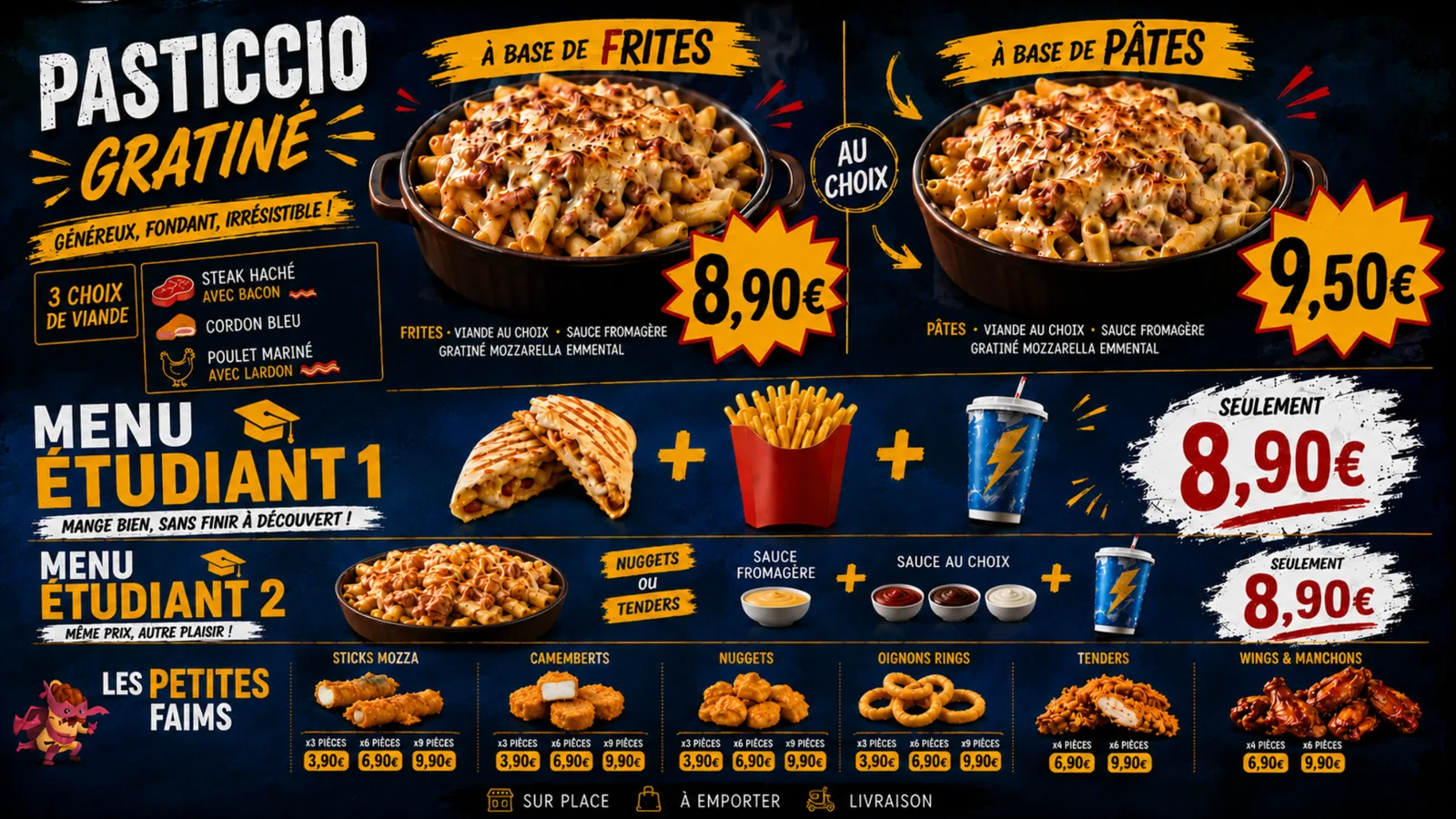 Menu pasticcio, étudiant et petites faims