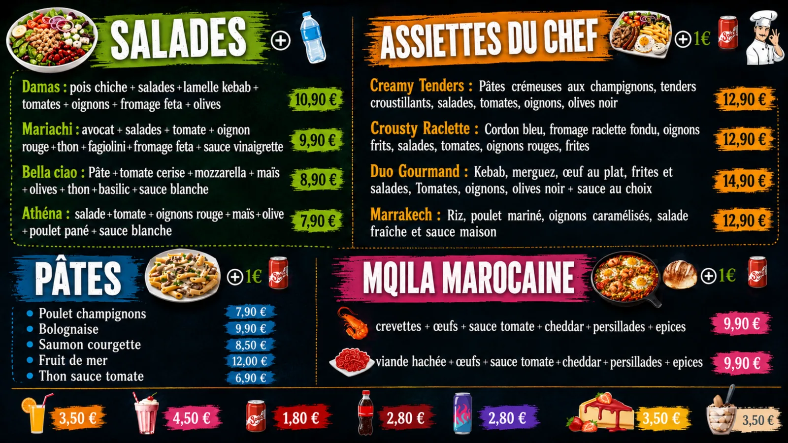 Menu salades, pâtes et assiettes
