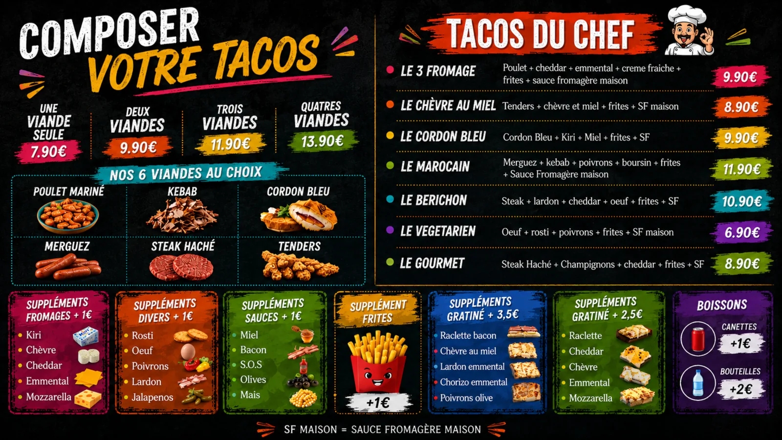 Menu tacos à composer et tacos du chef